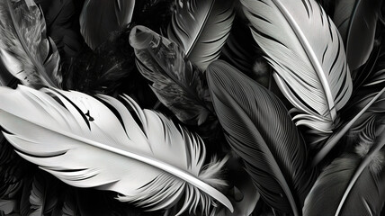Background with feathers, black & white color. Generative Ai