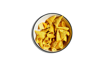 bowl contains cone corn chips isolated on white background