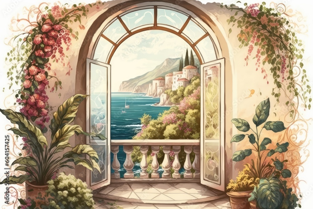 Poster an Ocean view through an open window. Generative AI