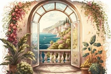 an Ocean view through an open window. Generative AI