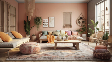 Scandi–Boho living room, light and expansive. Generative Ai