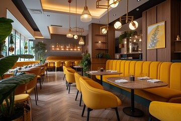 Fototapeta na wymiar Modern furnishings and a vibrant restaurant atmosphere. Generative AI