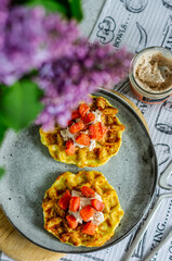 Breakfast in spring. Viennese waffles. Squash waffles. A useful product. squash waffles with cheese and fish.