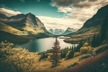Fototapeta na wymiar serene lake nestled among towering mountains. Generative AI