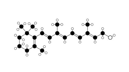 retinol molecule, structural chemical formula, ball-and-stick model, isolated image vitamin a