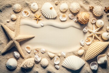 Fototapeta na wymiar seashells and starfish on a sandy beach. Generative AI