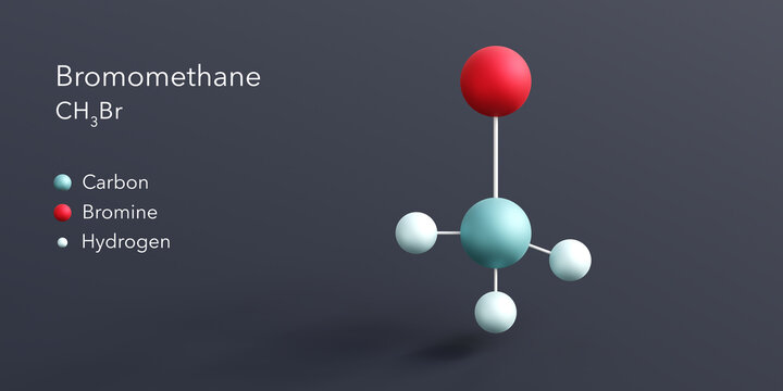 bromomethane molecule 3d rendering, flat molecular structure with chemical formula and atoms color coding