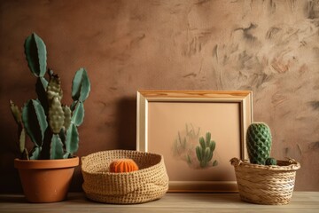 Mockup of a blank wooden frame with a cactus, a basket of chamomile flowers, and a brown paper wall in a vintage tone. Generative AI