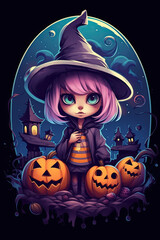 Little girl with a witches hat and pumpkins  Generative AI