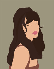 Illustration of a girl with long hair in a top. Sympathetic brown-haired woman with tender lips. Design for avatars, posters, backgrounds, templates, banners, textiles, posters, postcards.