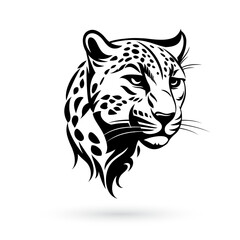 A stylized dark leopard head design on a white background, inspired by tattoo art and modern designs