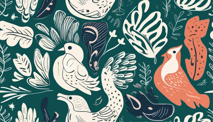 Hand drawn abstract flowers and birds illustration pattern. Collage contemporary print. Fashionable template for design. Ethnic style