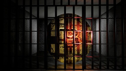 3d illustration of bitcoin in jail prison legislation regulation crypto vritual money - obrazy, fototapety, plakaty
