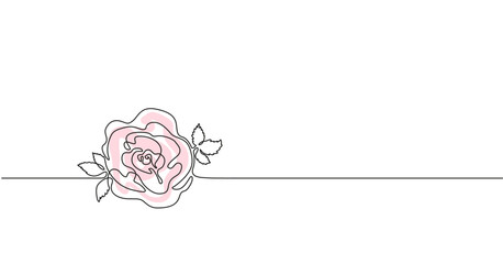 Vector illustration of rose and leaves. Simple one line art with the flower.	