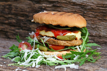 meatless hamburger on a wooden background