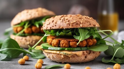 The concept of a plant-based diet is showcased in the vegan chickpea burgers topped with arugula, pickled cucumbers, and hummus. Generative AI