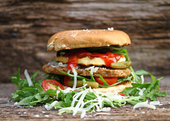 meatless hamburger on a wooden background