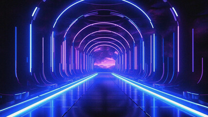 Futuristic tunnel, corridor neon lights background, great for a cosmic with noise background design 4K