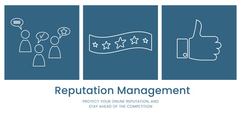 Reputation Management Banner on White and Blue Background. Stylish Banner with Text and Icons for Business and Marketing