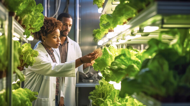 Scientist analyzes and research in organic vegetables. Hydroponics and Vertical farming concept. Eco-friendly farming practices. Water and pesticide reduction. Copy space. Banner. Generative AI
