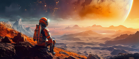 generative ai illustration of an astronaut sitting on a strange planet
