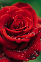 Dew drops on red rose petals, macro shot.