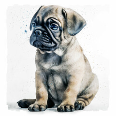 Watercolor dog cute pug puppy sitting illustration