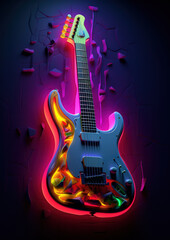 Obraz premium Electric guitar with neon light in cyberpunk style by Generative AI