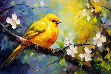 Yellow Bird Sitting on Spring Branch Painting. AI generative. Canvas Texture. - obrazy, fototapety, plakaty