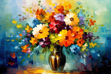 Colorful Bunch of Flowers in Vase Painting. AI generative. Canvas Texture. © fotoyou