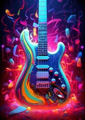 Plakat Electric guitar with neon light in cyberpunk style by Generative AI