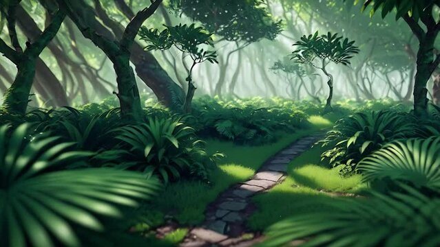 Dense green jungle animation. Evergreen tropical wood with bushes and trees. Animation with illustrations transformations and metamorphose. AI generated video