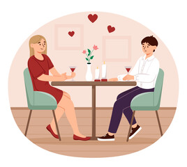 Boy and girl at romantic date. Teenagers with glasses of juice are sitting at table. Love and romance, passion. Meeting between teens in love. Cartoon flat vector illustration