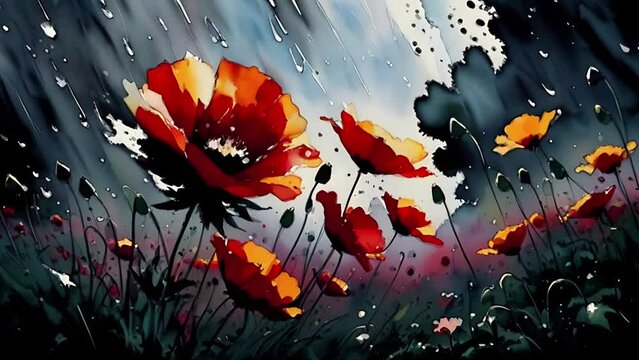 Vintage poppies field flowers watercolor animation. Floral background with lot of colorful flowers in dark style. Animation with illustrations transformations and metamorphose. AI generated video