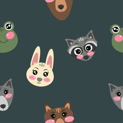 kawaii dark green seamless pattern with forest cute animals