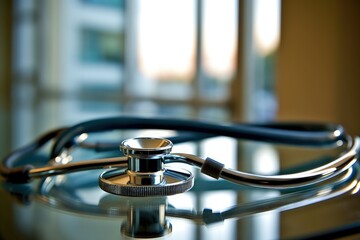 Healthcare and medicine concept. Healthcare insurance. Medical examination service. Stethoscope Heart. Wellness message, care in the hands of doctors. Care and Longevity. Professionals. Generative AI