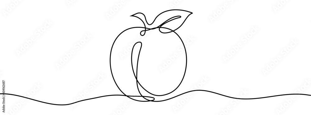 Poster peach fruit in continuous line art drawing style. simple black sketch made of one line isolated on w