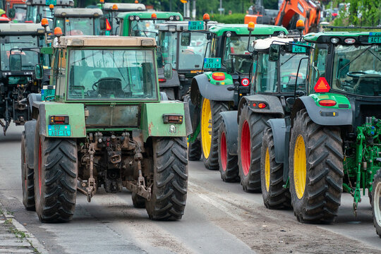 Many tractors on the road - the old and new.  Subotica, Serbia, 18.05.2023