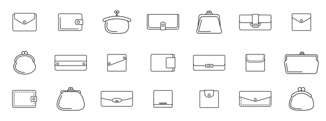Wallet icon. Set of black linear icons of wallets on white background. Wallets logo design. Vector illustration