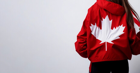 Happy canada day banner. closeup shoot of a girl wearing Canada shirt on a grey background copy space. Generative Ai