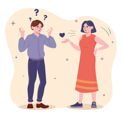 Man and woman dialogue. Young guy asks questions to girl. Quarrel or conflict. Communication and interaction of adolescents, schoolchildren or students. Cartoon flat vector illustration