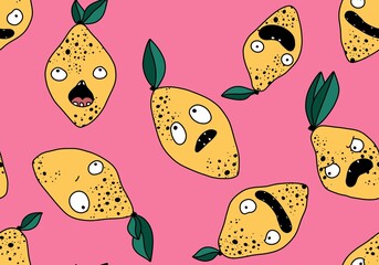 Fototapeta premium Summer cartoon fruit seamless monster lemon pattern for wrapping paper and fabrics and linens and kids