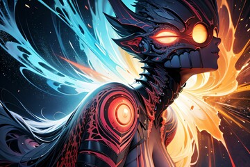 Obraz premium warrior of fantasy world with helmet in the fractal art background with Generative AI technology