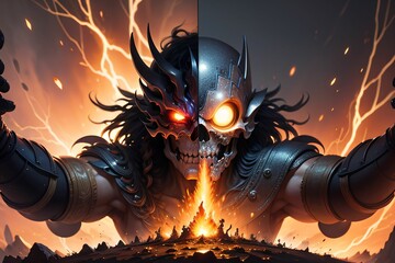 skeleton of demon warrior in fire with Generative AI technology