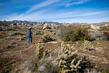 A Desert Scene on a Wilderness Trail with a mature woman hiker enjoying the Hike