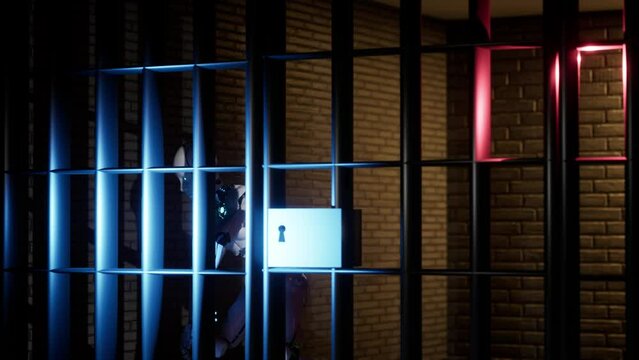 3d render animation of female happy robot dancing in prison gate closes, robot party, then disappears artificial intelligence have a fun
