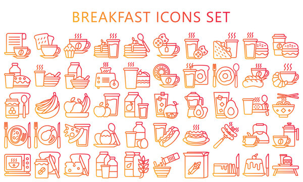 Breakfast gradient outline icons set, contain bread, milk, cake, tea, juice, croissant, glass, coffee and more. use for modern concept, UI or UX kit, web and app. vector EPS 10 ready convert to SVG.