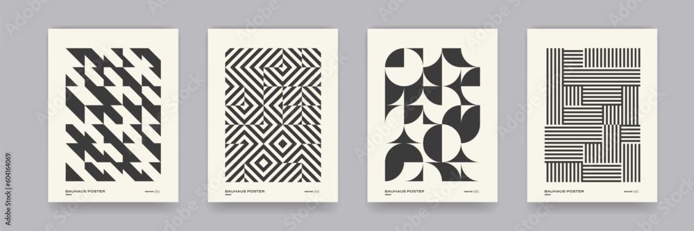 Poster Retro black and white geometric pattern background, vector abstract circle, triangle and square lines art. Trendy bauhaus pattern backgrounds op-art set
