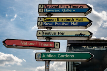 Fototapeta premium Direction signs to the facilities in the London Southbank Centre. UK.