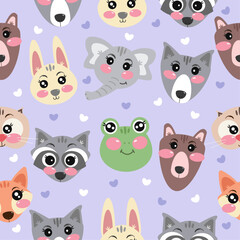 Cutie pastel seamless pattern with forest kawaii animals for childrens